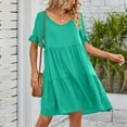 thumbnail image 5 of IDALL Summer Dresses,Casual Dresses Ladies Summer Casual V Neck Layered Ruffle Hem Pocket A Line Mini Swing Beach Short Sleeve Dress Petite Dresses,Modest Dresses,Womens Dresses Green Dress M, 5 of 6
