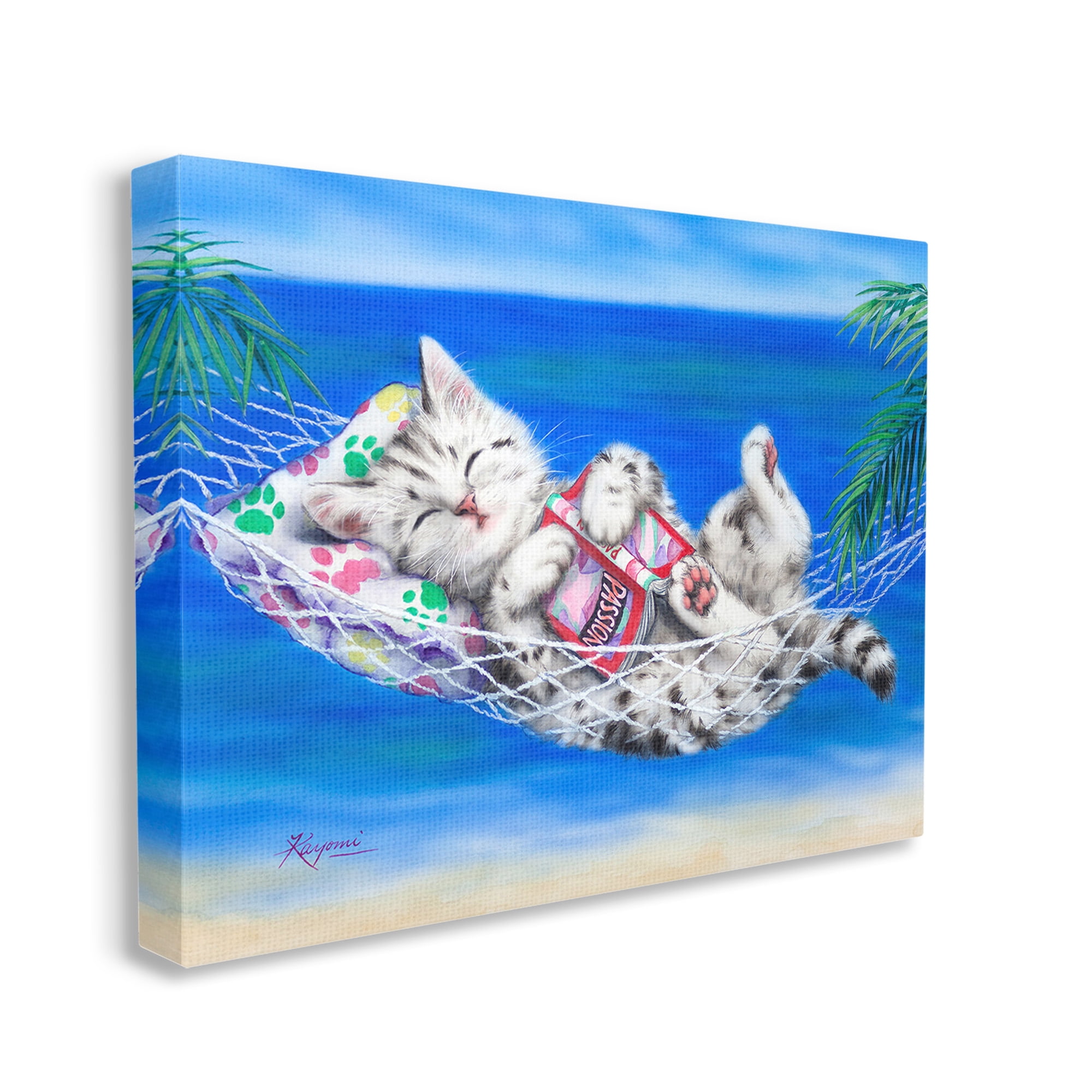 Stupell Industries Kitten Sleeping on Beach Animals & Insects Painting Gallery Wrapped Canvas Art Print Wall Art, 48 x 36
