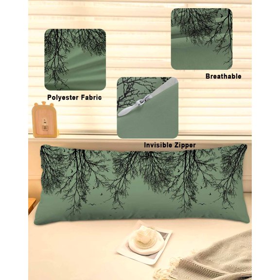 Green Black Branches Throw Pillow Covers, Botanical Dead Tree Birds Soft Breathable Pillow Cases with Invisible Zipper for Sleeping, Long Body Pillowcases for Couch Bed Sofa Chair 20x54 Inches