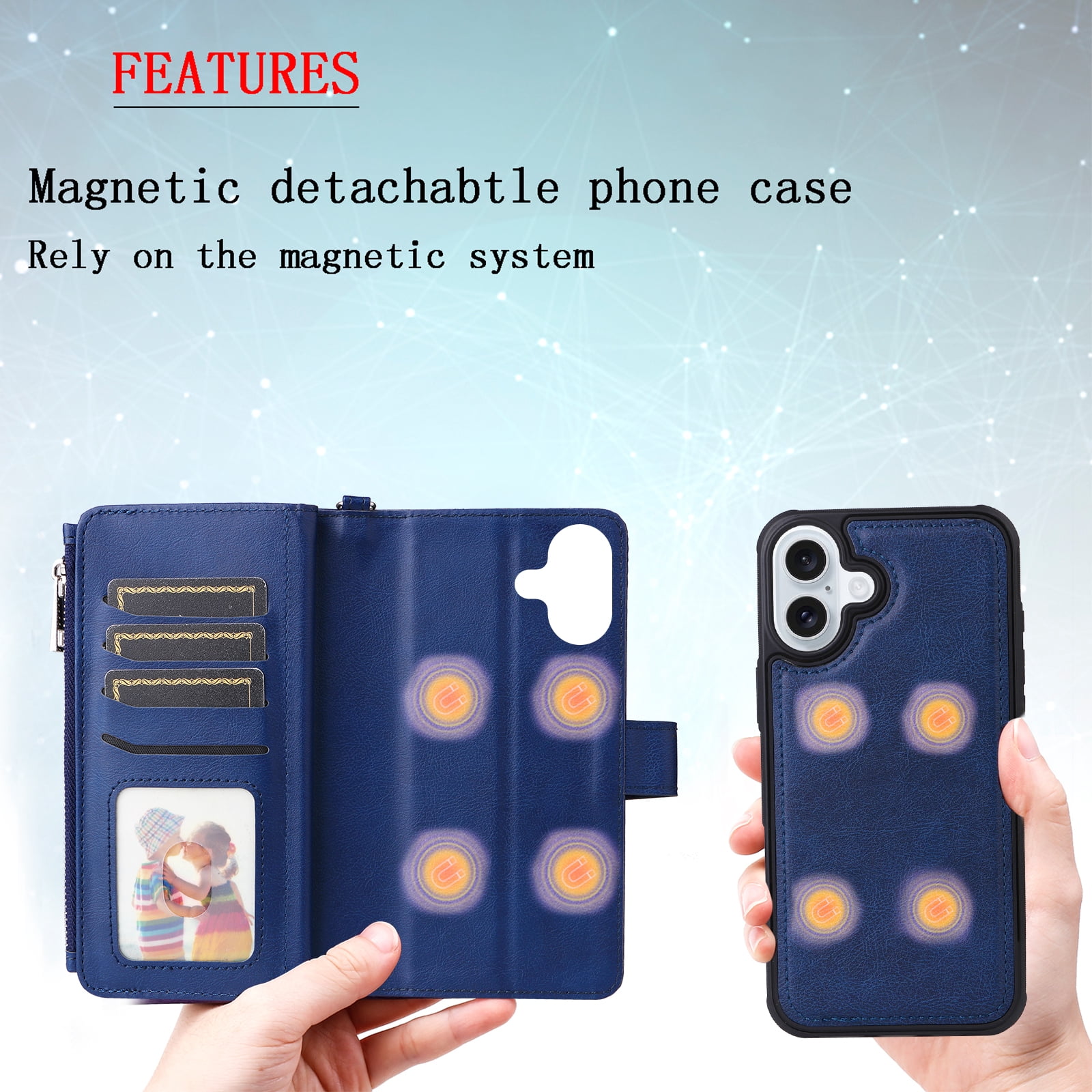 Dteck for iPhone 16 Wallet Case, 2 In 1 Detachable Protective Phone Case Women Men Kickstand flip Cover Wrist Strap Zipper Credit Card Holder Slots for iPhone 16,Blue