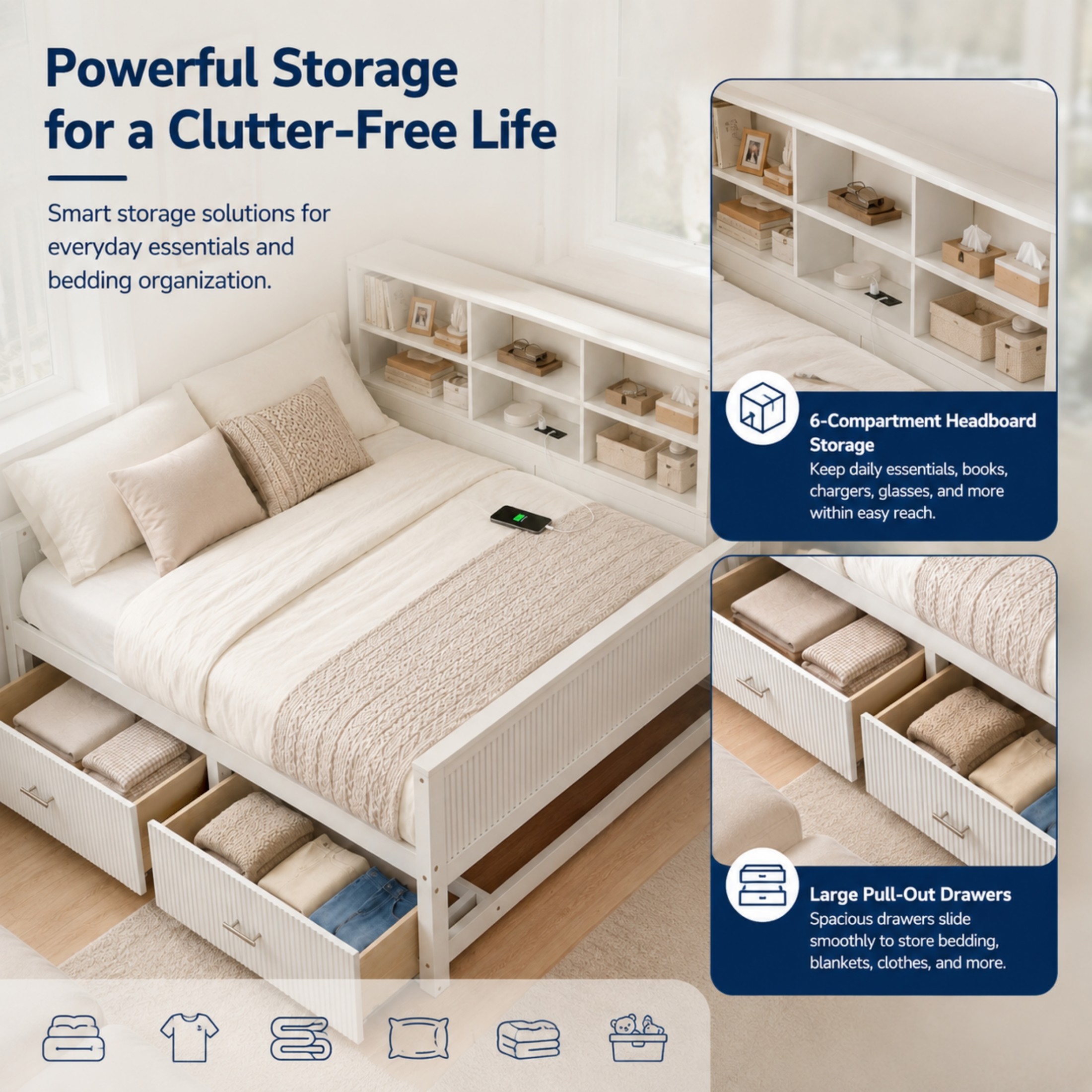 GDF Studio Josha Full-Size Wooden Daybed with Bookcase Headboard, Storage Drawers & Built-In Charging Station, White
