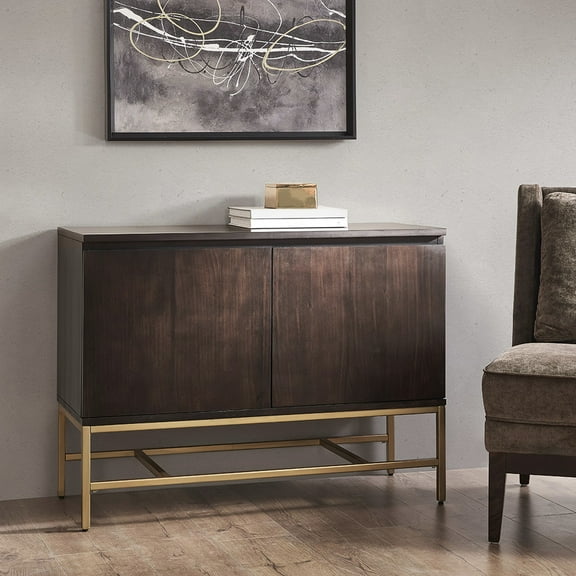 Brown Wood Accent Storage - Solid Frame, Gold Metal Base Included Beautiful Cabinet Base, 2 Shelves