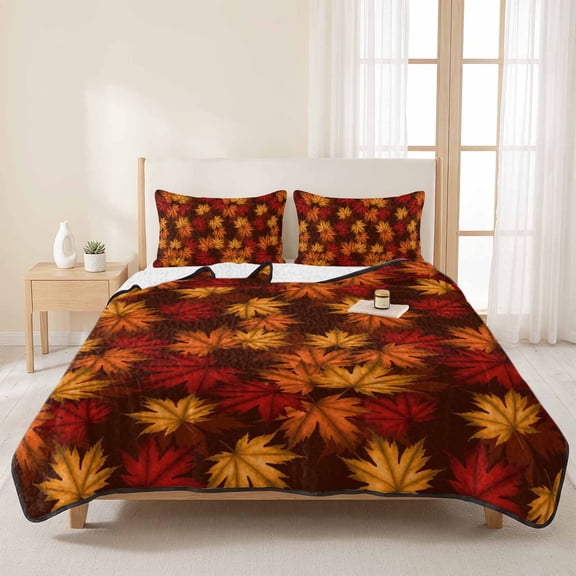 3 Pieces Queen Quilt Set,Fall Maple Leaves Orange Watercolor Soft Bedding Sets with 1 Quilt & 2 Pillow Shams,Thanksgiving Fallen Leaf Summer Bedspread Lightweight Coverlet Comforter for All Season