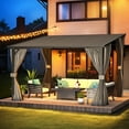 thumbnail image 4 of AECOJOY 12' x 10' Lean to Gazebo with Netting and Curtain Outdoor Hardtop Gazebo Aluminum Metal Pergola ​For Garden, Patio, Backyard-​Dark ​Gray, 4 of 8