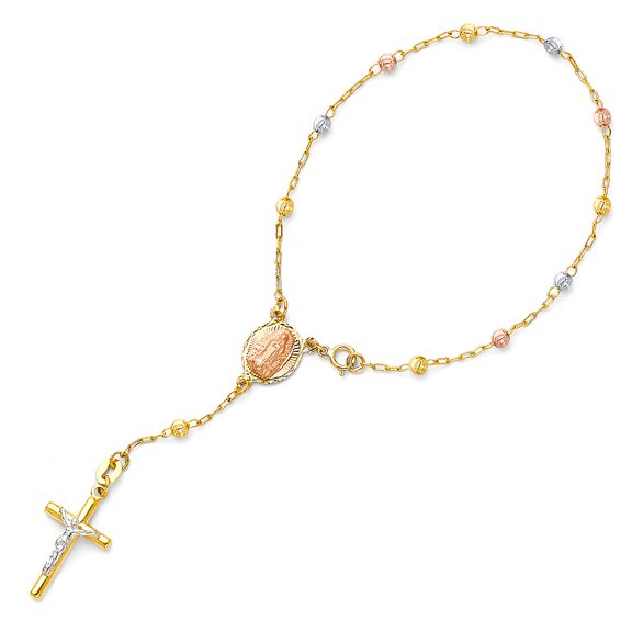 Wellingsale 14k Tri 3 Color Gold Polished 3mm Moon Cut Ball Rosary / Rosario Bracelet - 7.25"