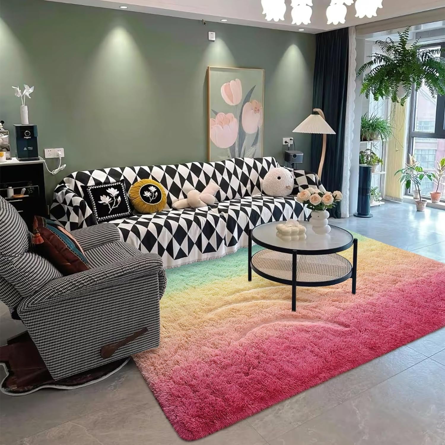 Junovo Gradient Modern Rugs Shaggy Rug Carpets for Bedroom, Living Room,Kids Room,5'x8',Green/Pink