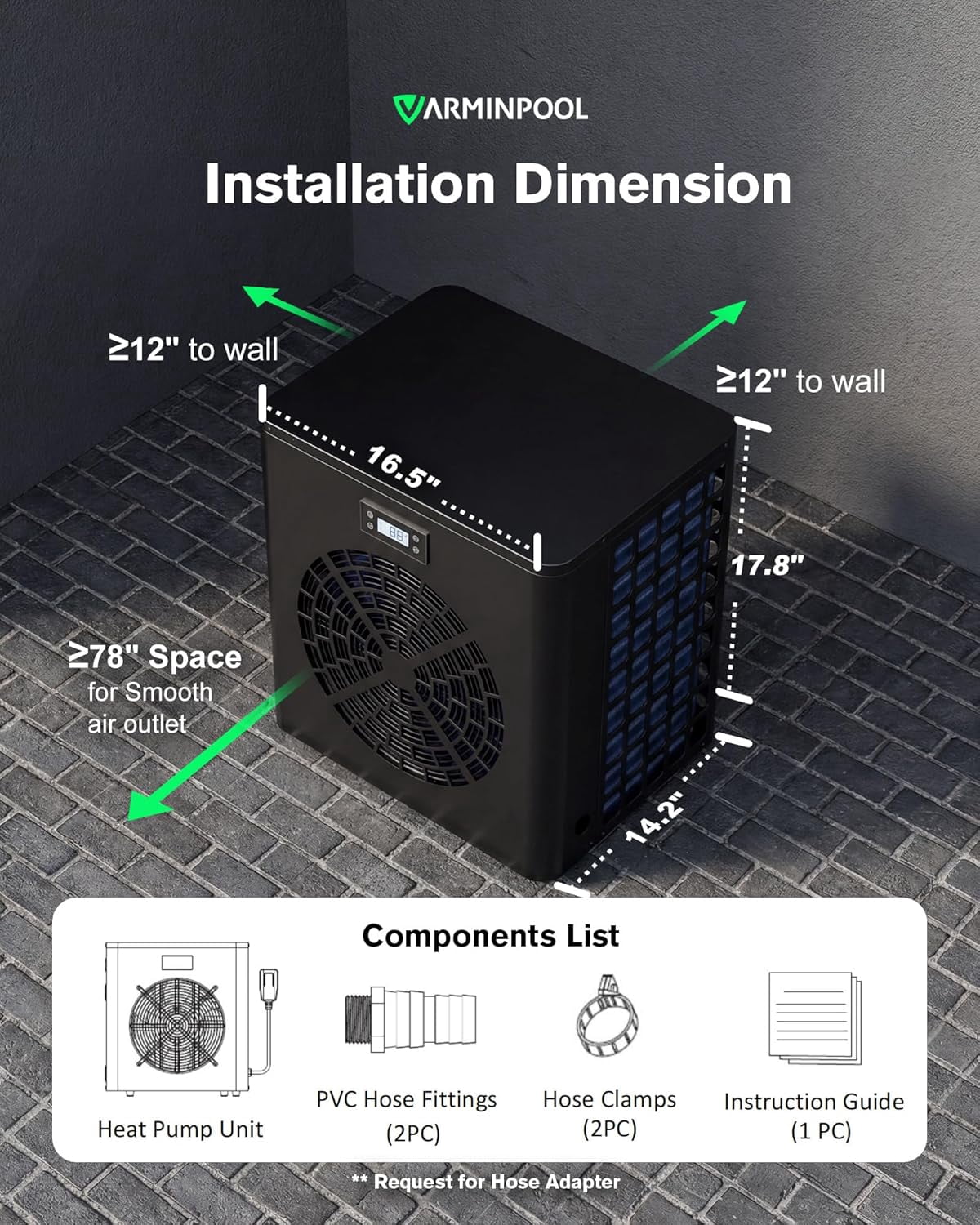Varminpool Above Ground Pool Heater, Max 16000BTU up to 5400gallons Electric Swimming Pool Heat Pumps, Titanium Heat Exchanger, 110V/120V, Fits 8/11/15 Foot Pools Heating Pool Warmer
