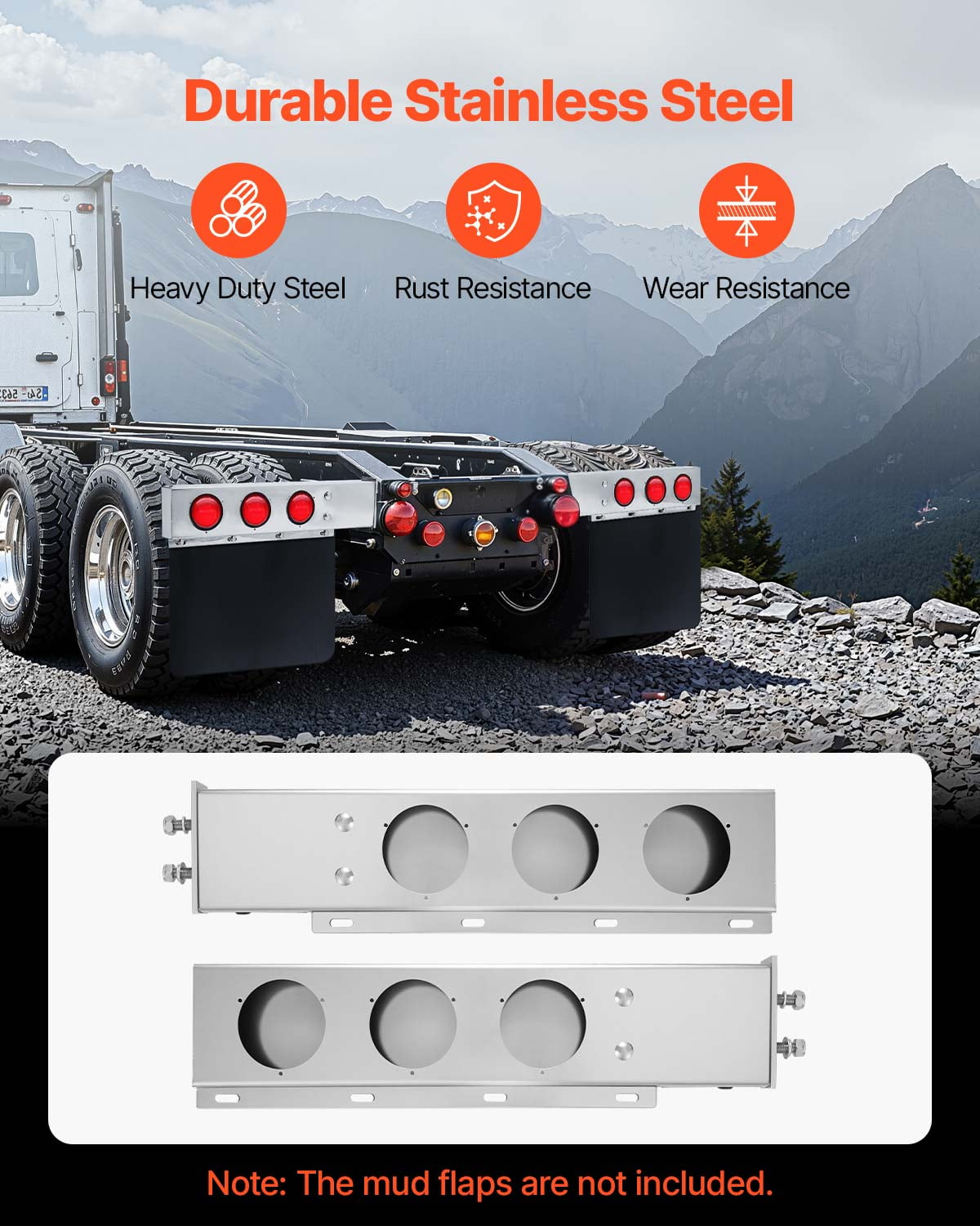 KFFKFF Stainless Steel Mud Flap Hangers with Light Cutouts, 2-1/2" Bolt Spacing, Spring-Loaded Design for Semi Trucks, Durable Mudflap Hanger Set, 1 Pair, Silver