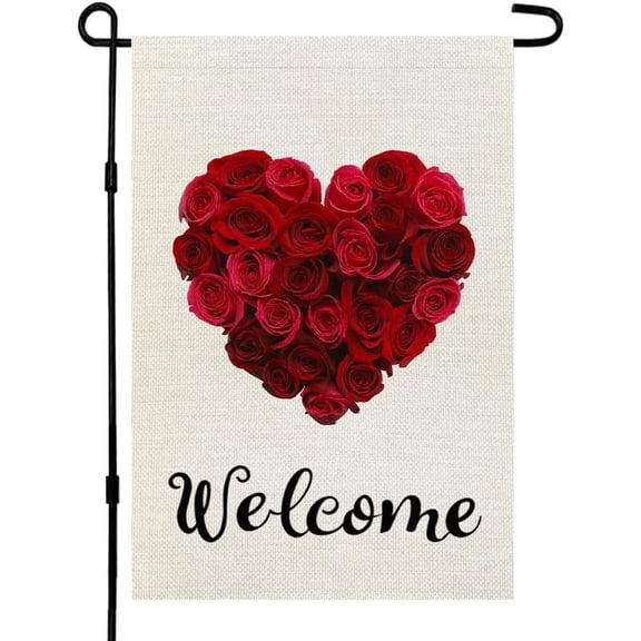 Valentines Day Rose Heart Garden Flag 12×18 Inch Double Sided for Outside Burlap Red Wedding Anniversary Welcome Holiday Yard Decoration
