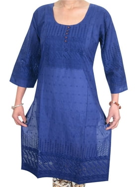 Mogul Womens Blue Kurti Designer Embroidered Indian Tunic Dress