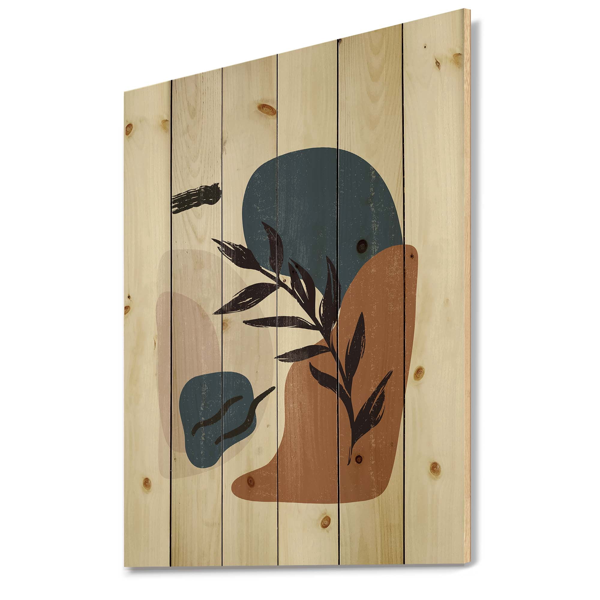 Designart 'Boho Minimalist Botanical Vintage Print' Modern Print on Natural Pine Wood