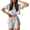 thumbnail image 3 of 2 Piece Short Pajama Set for Women Stylish Print Crew Neck Short Sleeve Tee Shorts Loose Casual Sleepwear Black L, 3 of 9