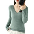 thumbnail image 5 of WTOBBY Women's Casual Lace V-Neck Base Layer Sweater, Knitted Long Sleeve Solid Color Top with Feminine Details, Ideal for Layering and Style,Light Green M, 5 of 5