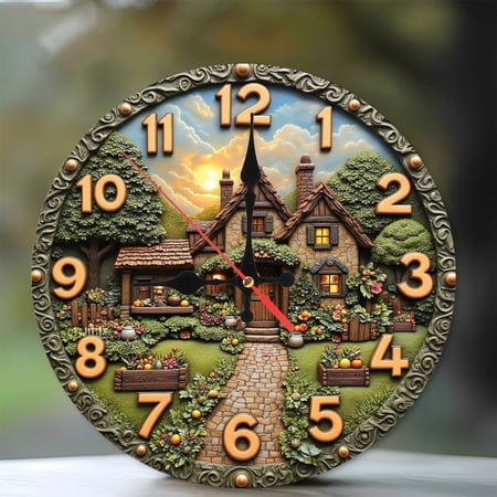 Rustic Cottage Garden Wall Clock Home Decor 10-Inch Silent Wooden Wall Clock, Battery Operated (AA Batteries Not Included), Artistic Home Decor