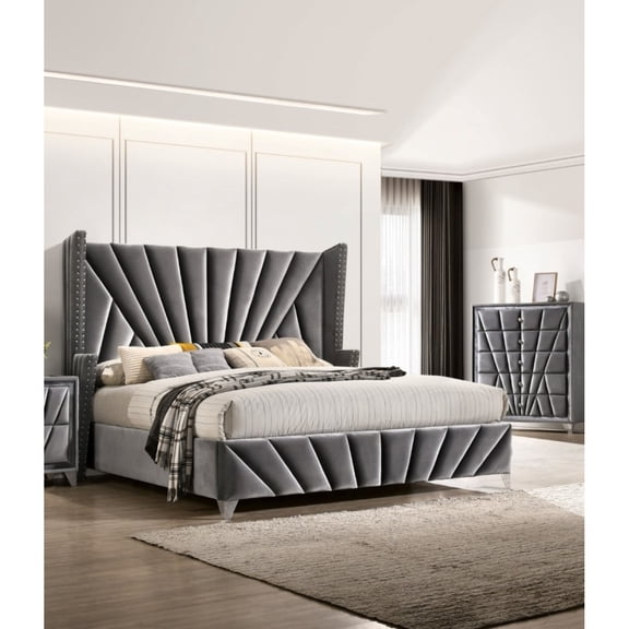 Miekor Furniture Bedroom Wingback Headboard 1pc Eastern King Size Bed Furniture Gray Fabric Upholstered Unique Bed 27283