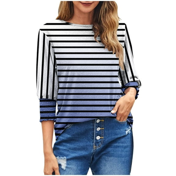 Scyoekwg Womens 3/4 Sleeve T Shirts Round Neck Three-quarter Sleeve Tunic Shirts Striped Print Graphic Tee Casual Lightweight Blouse (Blue,L)