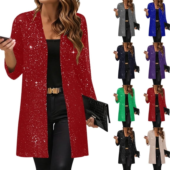 sckarle Women's Sequin Jacket Sparkly Blazer Open Front Glitter Cardigan Fashion Long Sleeve Coat for Casual Party Cocktail Beige,XXL