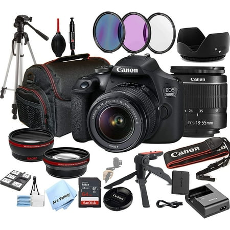 Canon EOS 2000D Rebel T7 DSLR Camera w/EF-S 18-55mm F/3.5-5.6 Zoom Lens + 64GB Memory + Case + Tripod + Filters 28pc Bundle (International Version)