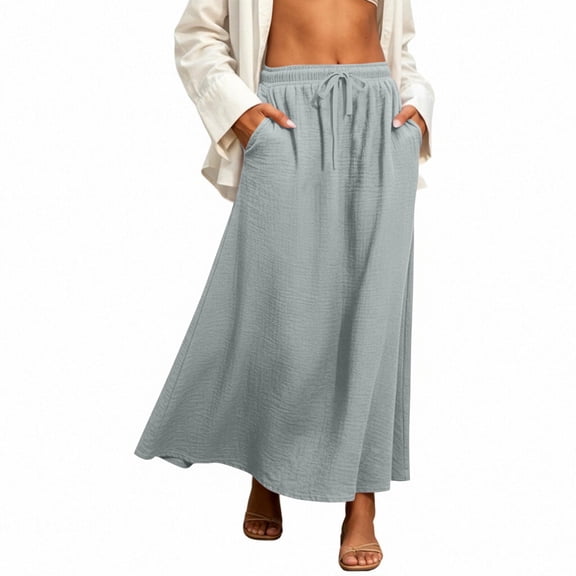 SOOMLON Flowy Skirts for Women Plus Size Elastic Waist Pleated Skirt with Pockets Linen Long Skirt Fashion Duty-Off Skirt