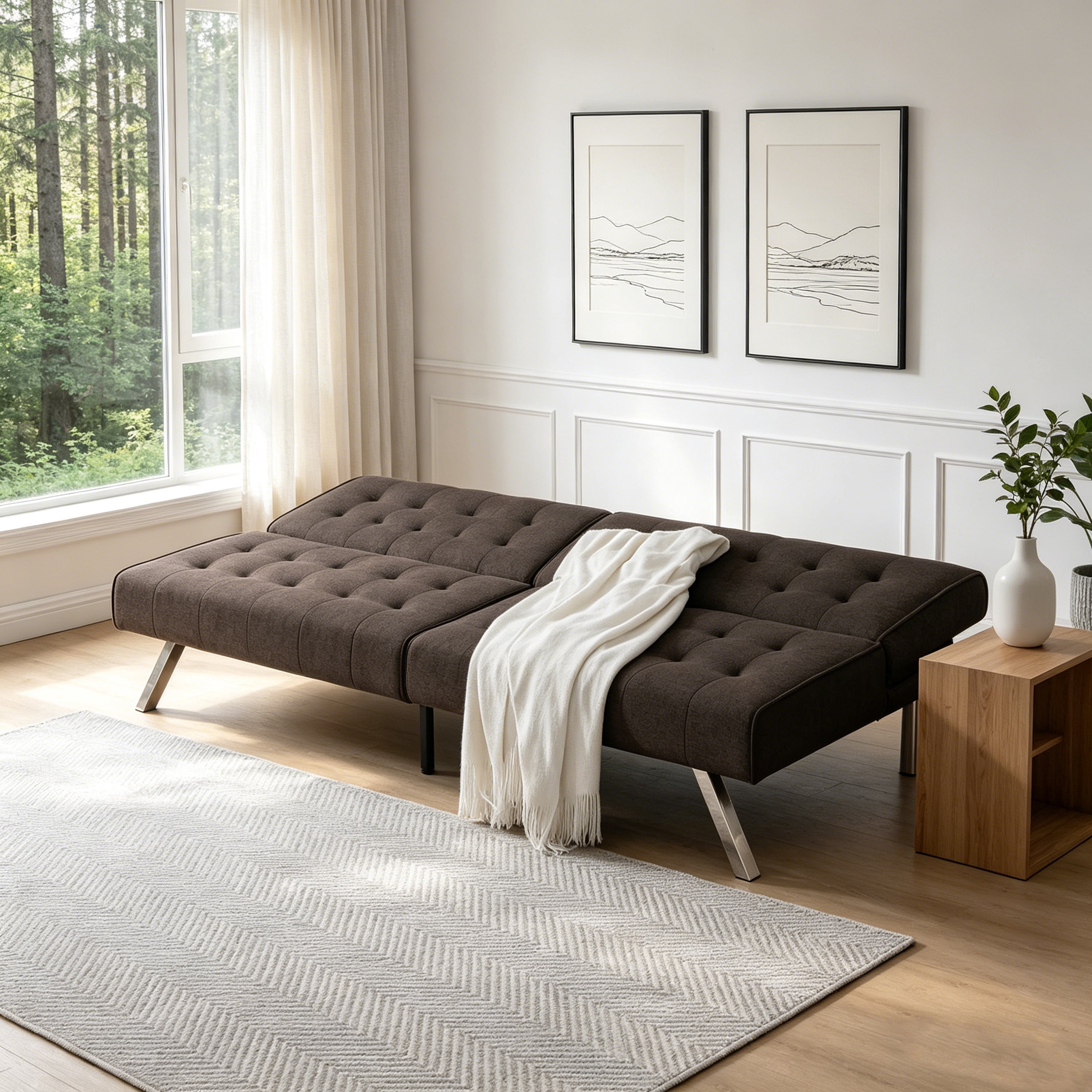 ASINMAK Convertible Sofa Bed Adjustable Couch Sleeper, Fabric Loveseat Futon Bed with Breathable Chenille, Metal Legs, and Adjustable Lounge - Perfect for Compact Living Space - Espresso