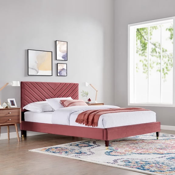 Modway Roxanne Modern Performance Velvet Queen Platform Bed in Dusty Rose