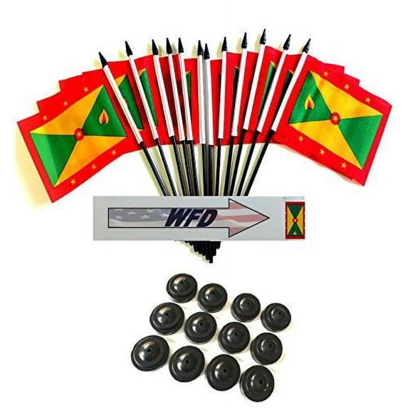Pack of 12 4"x6" Grenada Polyester Miniature Office Desk & Little Table Flags, 1 Dozen 4"x 6" Grenada Small Mini Handheld Waving Stick Flags with 12 Flag Bases (Flags with Stands)