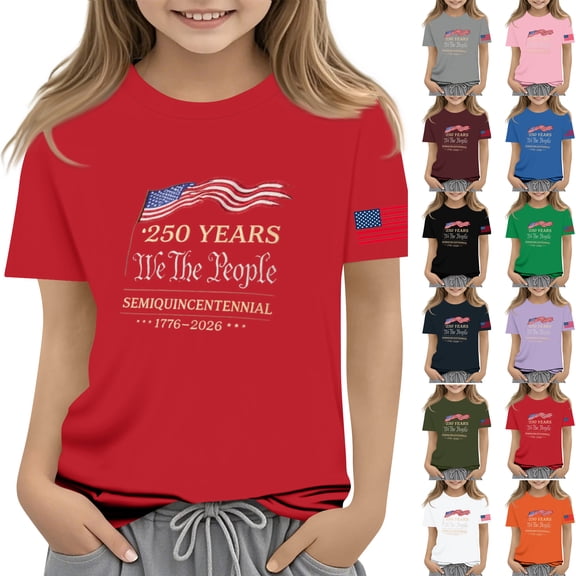 YOUYEDIAN Teen Girls Independence Day T Shirt Kids 4th of July Festival Patriotic Short Sleeve Shirts 1776 Freedom Celebration Crewneck Tops (Red, 8-9 Years)