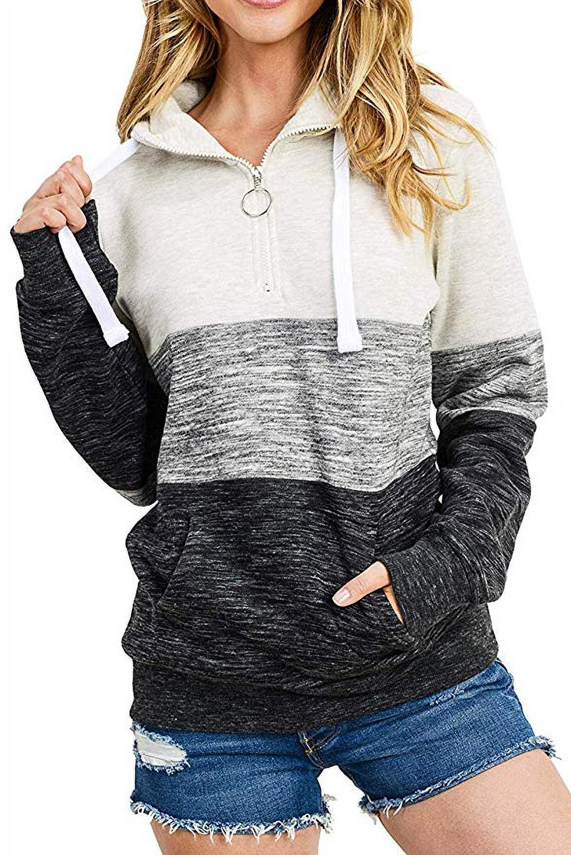 Womens Colorblock Hoodie Long Sleeve Fleece Hooded Pullover Sweatshirt Tops 