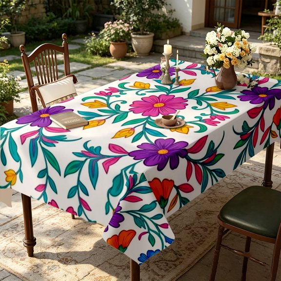 Pale Cream Small Purple Blue Flower Scatter Pattern Table Cover,35x55/55x55/55x70/60x86/60x94/60x102 inch,Polyester,Kitchen Dining Living Room Home Decor