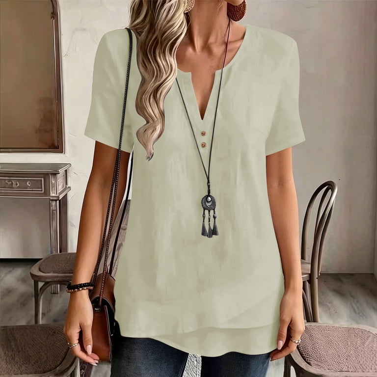 Ayolanni V-Neck Summer Women Blouses Short Sleeve Solid Casual