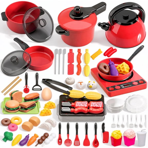 LINXUXIE 71Pcs Kids Kitchen Toy Accessories,Toddler Pretend Cooking Playset with Play Pots,Learning Gift for Girls,Boys