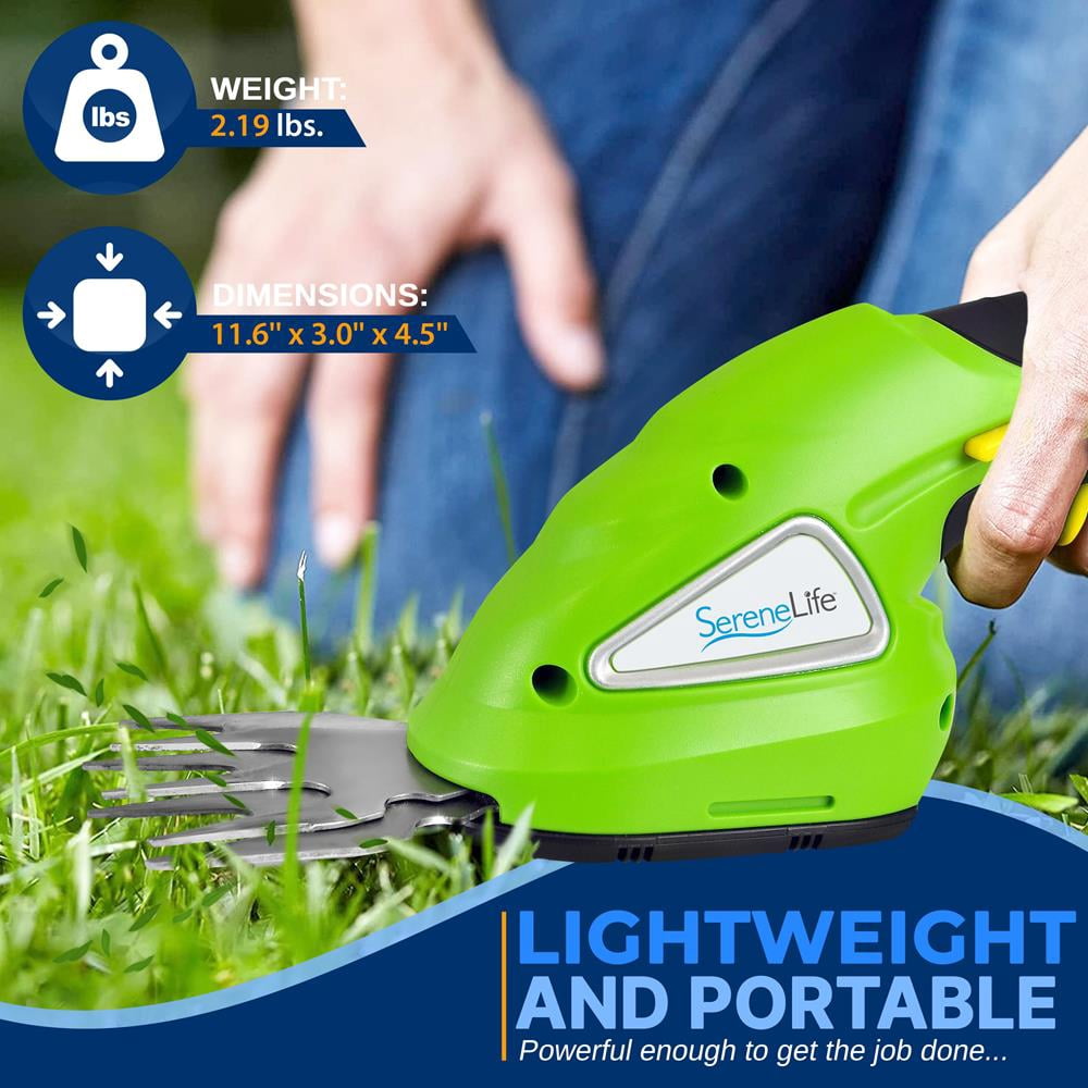 SereneLife Cordless Handheld Grass Cutter Shears – Portable Lightweight Electric Hedge Trimmer with Rechargeable 3.6V Battery, Changeable Blade Garden Clippers (Light Green)
