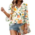 thumbnail image 5 of Womens 3/4 Length Sleeve Tops V Neck Floral Print Casual Blouses Soft Basic Tee Loose Fit Business Work Flowy Tunic Blouses, 5 of 6