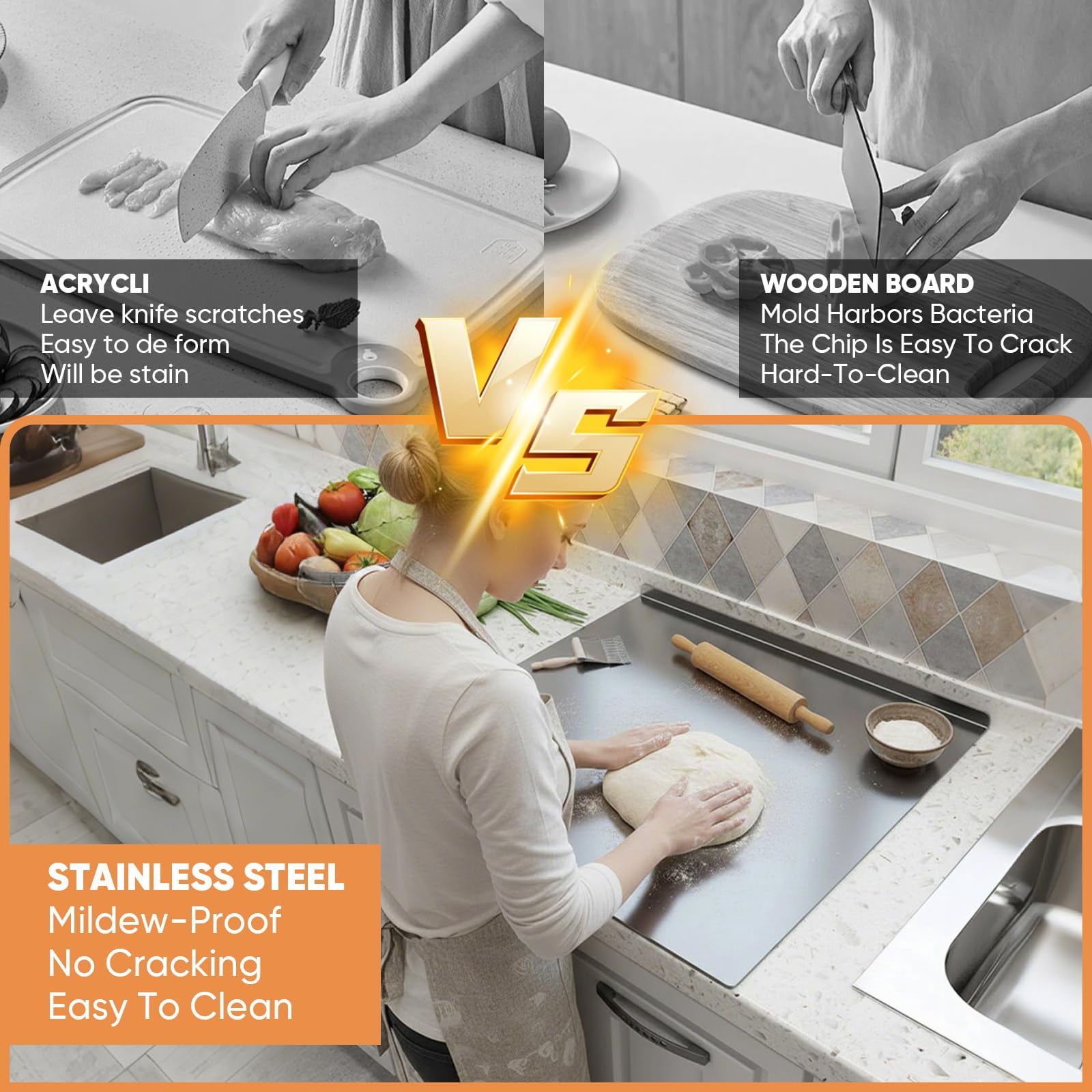 sakerplus stainless steel cutting board 11.8'' x 15.7'' (30x40 cm) with Lip,single stainless steel cutting board food prep,metal cutting board,stainless steel countertop cutting board,Easy To Clean