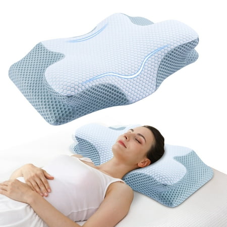 Cervical Memory Foam Contour Pillows for Neck and Shoulder Pain, Ergonomic Orthopedic Sleeping Support Pillow for Side Sleepers, Back and Stomach Sleepers (Blue)
