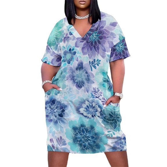 Watercolor Floral Seamless Pattern Teal Blue Purple Summer Sundress for Curve Women Casual Pattern Plus Size V Neck Short Sleeve Loose Fit Oversize Dresses