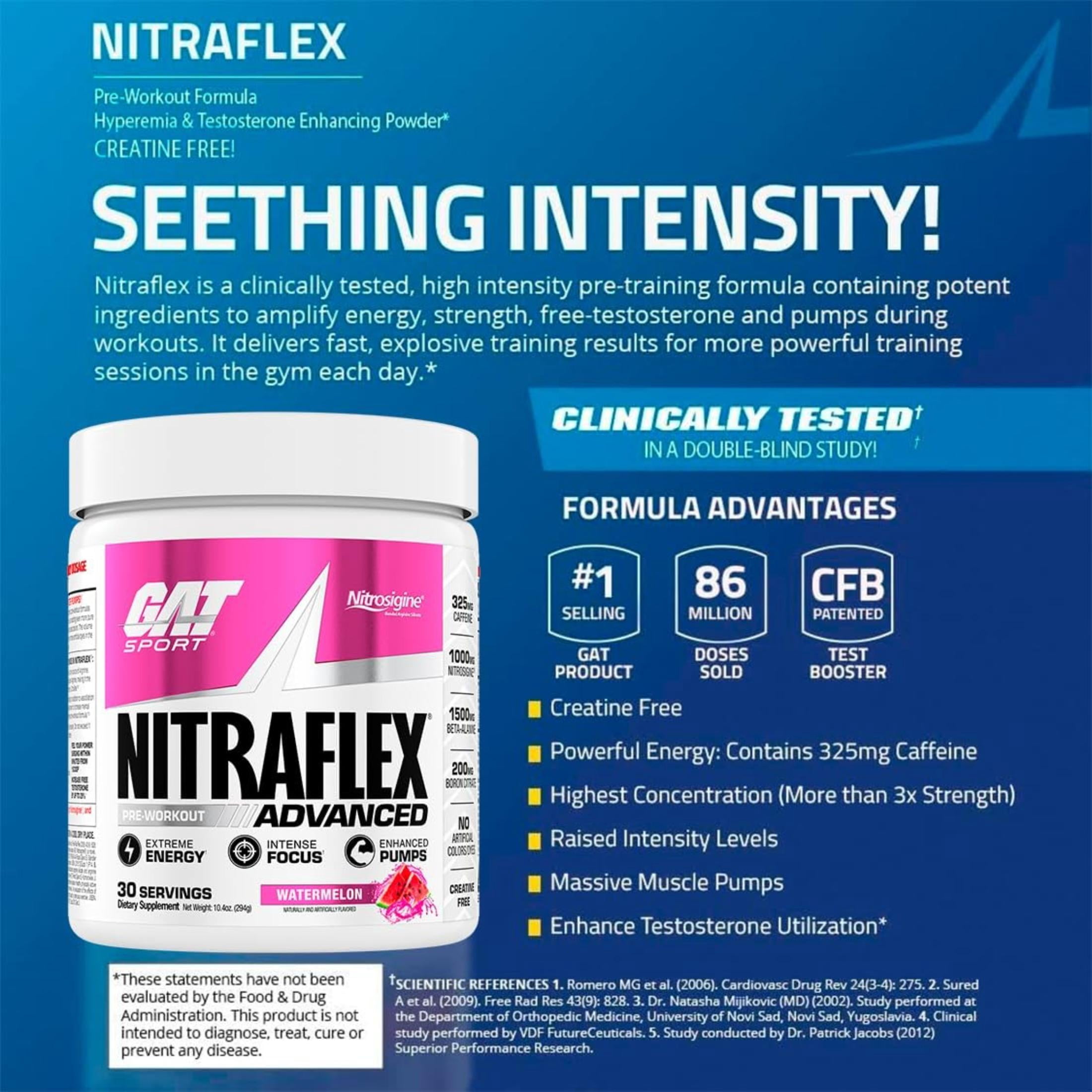 GAT SPORT Nitraflex Advanced Pre-Workout Powder, Increases Blood Flow, Boosts Strength and Energy, Improves Exercise Performance, Creatine-Free (Watermelon, 30 Servings)