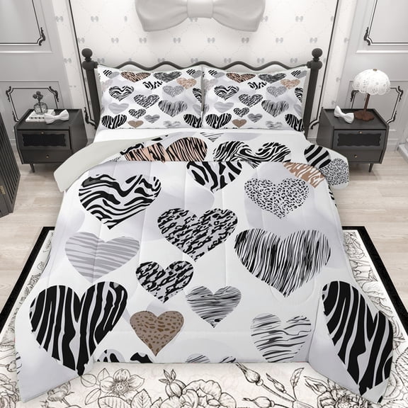 Manfei Modern Fashion Art Bedding Comforter Set, Grey Stripes Love Heart Twin Comforter Sets, Teens Kids Boys Girls Reversible Bedding Set, Breathable Home Decor, 2 Pieces
