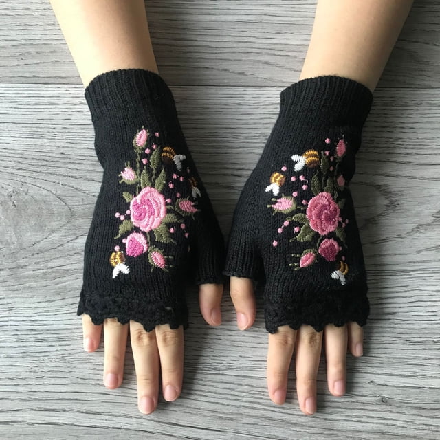 Guantes de punto para mujer, cálidos guantes de medio dedo bordados de lana para otoño e invierno