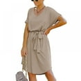 thumbnail image 3 of Women Mini Dress High Waist Short Sleeve Basic Flowy Dress Loose Fit V Neck Solid Color Belted Party Dress, 3 of 9