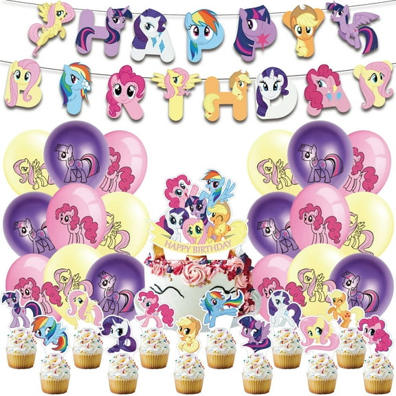 32-Pcs For My Little Pony Cartoon For Equestria Girls-Themed Party Decoration Set – Includes Banner, Cake Topper, 12 Cupcake Toppers, and 18 Balloons for Festive Celebrations