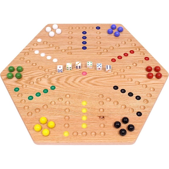 Wooden Hand-Painted Aggravation Board Game - Oak Wood - 20" Wide Board - with Large 18mm Marbles and Dice