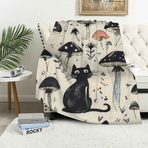 BCIIG Black Cat and Mushroom Throw Blanket, ,Soft, Lightweight Flannel,Adorable Cats Blankets,Gifts for Kids & Aniaml Lovers,for Couch Travel Picnics,Beach Lounging Home Living Room Decor 40x50in
