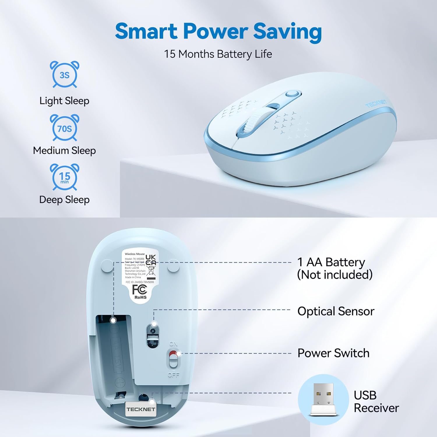Tecknet Wireless Mouse, Compact Blue, 2.4GHz photo 3