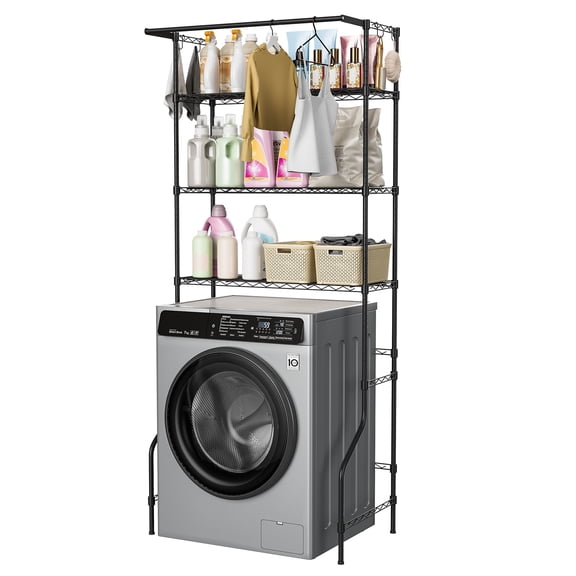 Wliqien Over Washer and Dryer Shelves, 3 Tiers Laundry Room Storage Organizer, Adjustable Height Metal Freestanding Clothes Drying Rack with Hanger Rod & Hooks, 33.46" L x 19.69" W x 77.95" H, Black