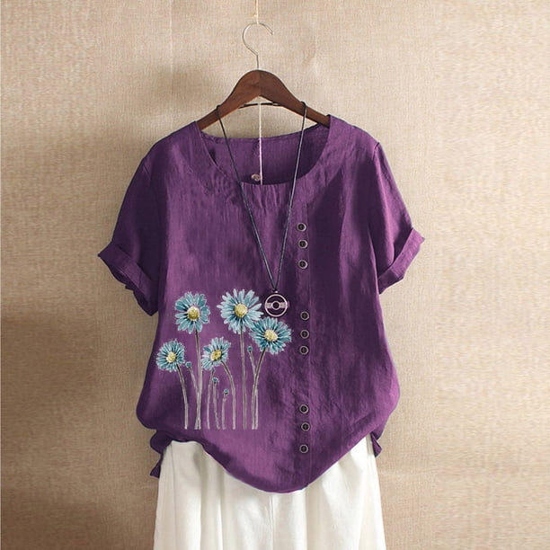 Fiudx Camisetas para Mujer Camiseta de Verano con Cuello Redondo y Manga Corta para Mujer, Informal, con Botones Impresos