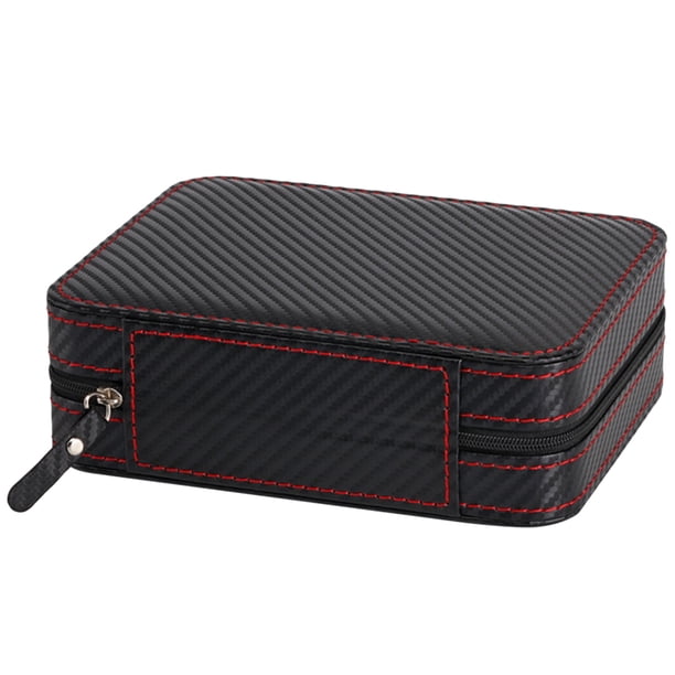 4 ranuras, portátil, fibra de carbono, cuero PU, reloj, cremallera, bolsa de almacenamiento, viaje, joyería, caja de reloj, bolsa, caja, regalo de lujo personalizado (negro)