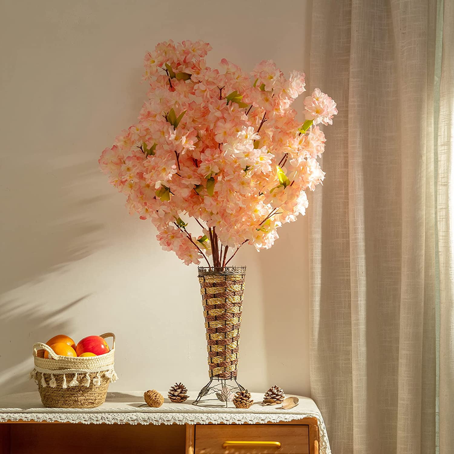 Silk Cherry Blossom Branches, 39.3in Artificial Cherry Blossom Tree Stems, Fake Plum Blossom Flowers Arrangement for Wedding Home Japanese Decor, Set of 3