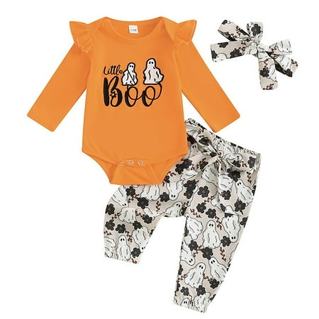 

XIEULQP Happy Halloween Children s Halloween New Alphabet Embroidered Long Sleeve Harshirt Pumpkin Pants with Headband Three Set