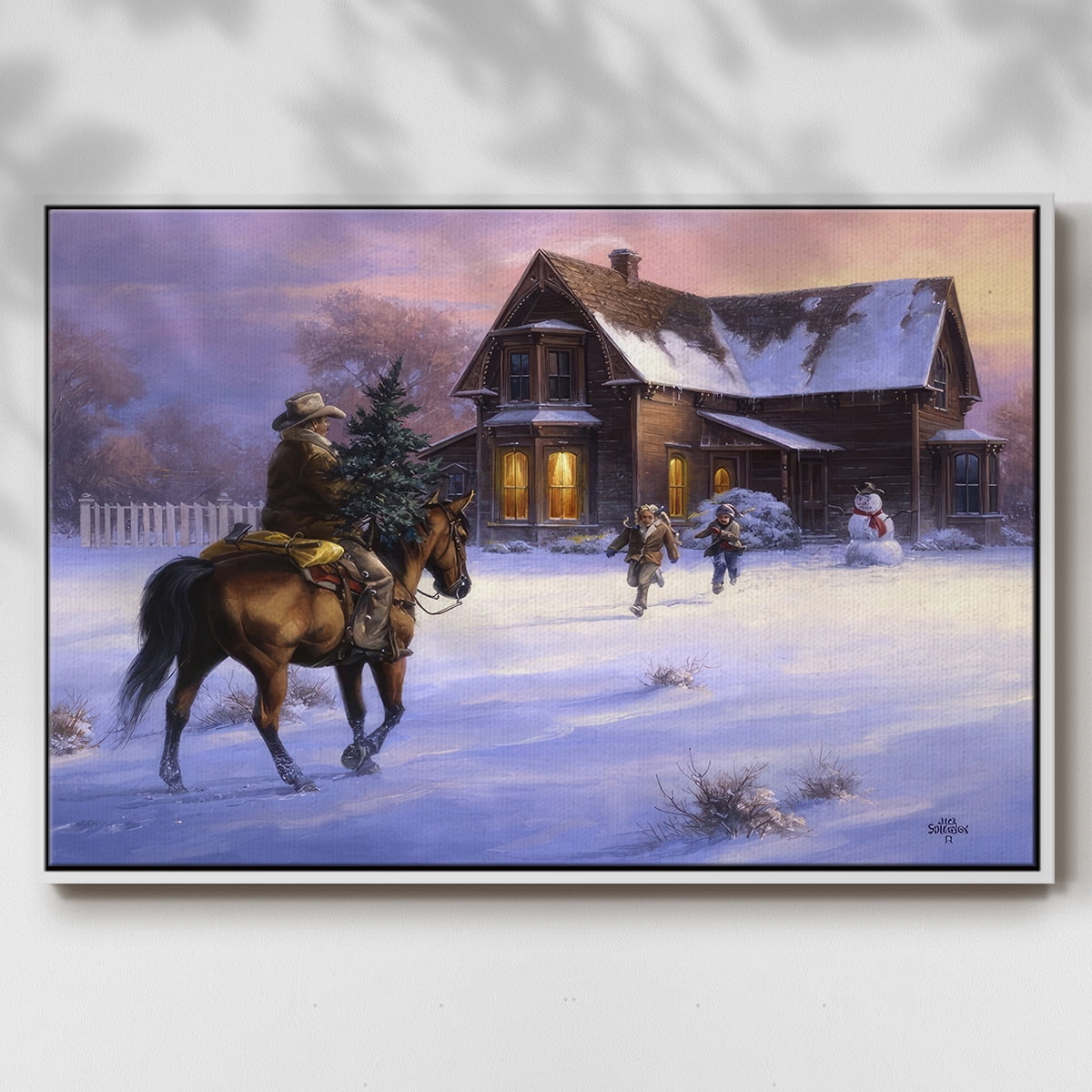 The Day Daddy Brought Home the Tree - Framed Gallery Wrapped Holiday Canvas - 25 x 37 - White Frame